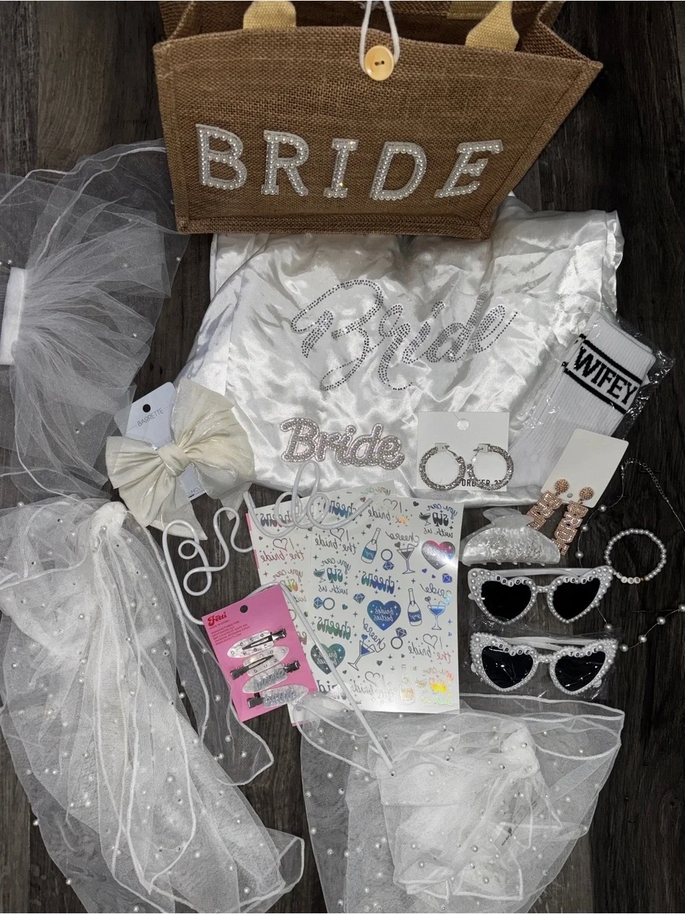 Bride Burlap Tote Gift Set with White Bridal Accessories